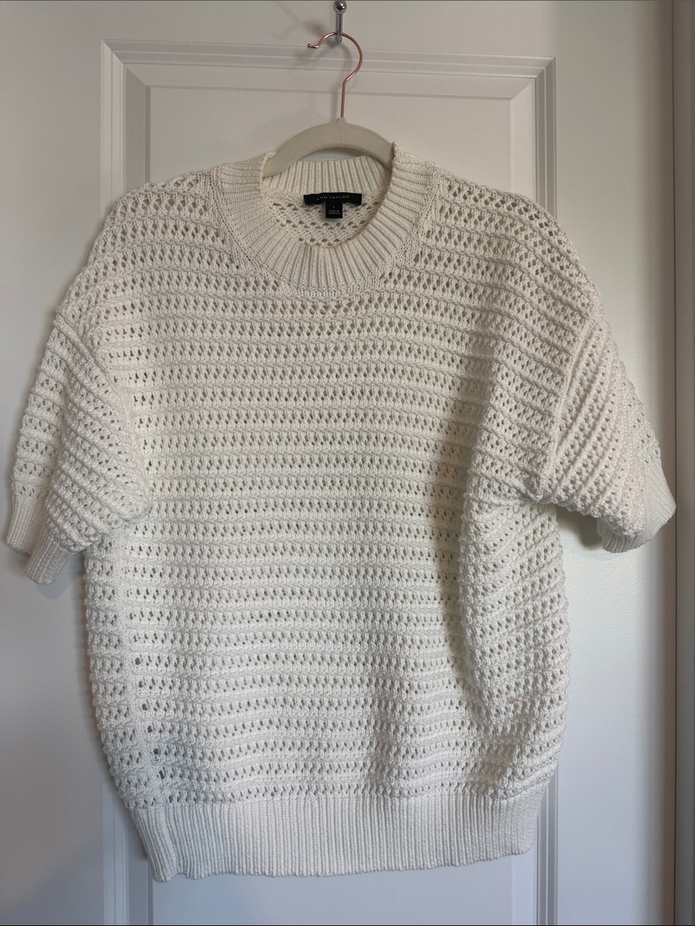 Ann Taylor White Crochet Knit Crewneck Sweater